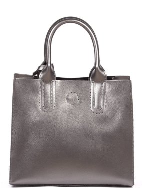 Grey leather woman's handbag with strap isolated on white background.