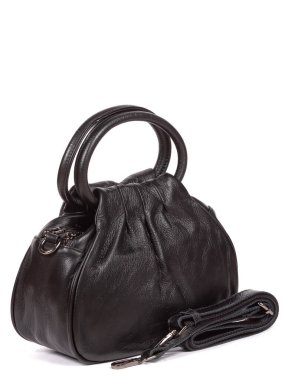 Small black leather woman's fashion handbag with strap isolated on white background.