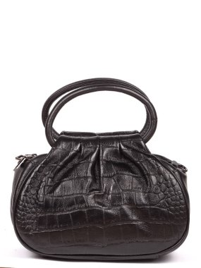 Small black leather woman's fashion handbag with strap isolated on white background.