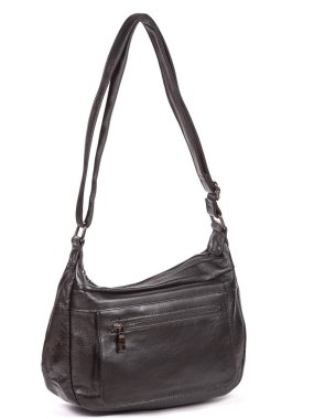 Small black leather woman's fashion handbag with strap isolated on white background.