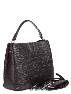 Black large with strap leather woman's handbag isolated on white background.