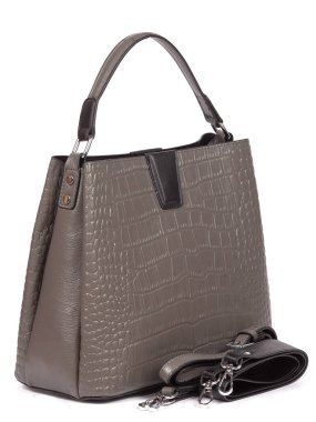 Grey leather woman's handbag with strap isolated on white background.