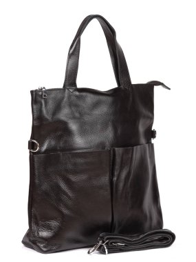 Black large with strap leather woman's handbag isolated on white background.