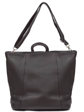 Black large with strap leather woman's handbag isolated on white background.