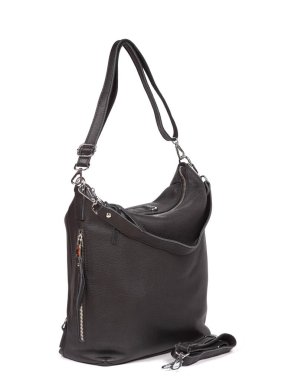 Black large with strap leather woman's handbag isolated on white background.