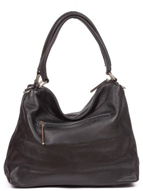 Small black leather woman's fashion handbag with strap isolated on white background.
