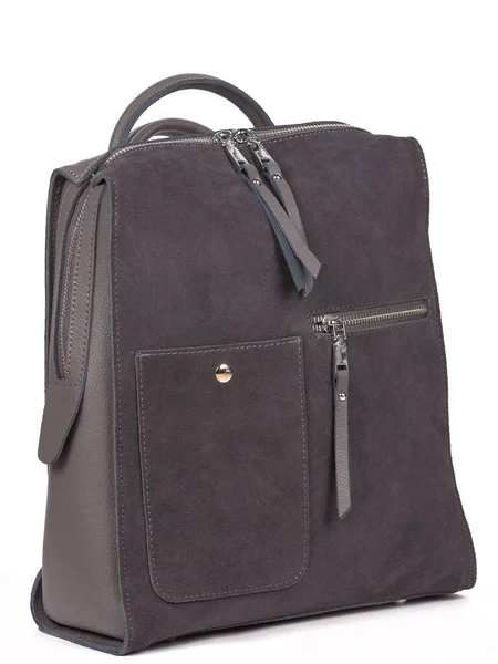 Grey Woman Leather Fashion Backpack White Background — 스톡 사진