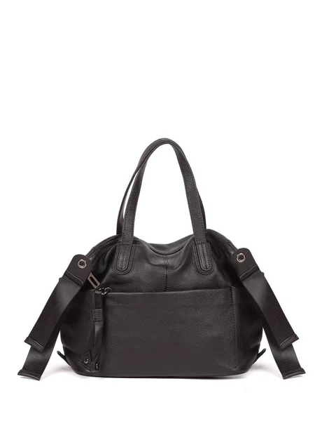 Black Large Strap Leather Woman Handbag Isolated White Background — 스톡 사진