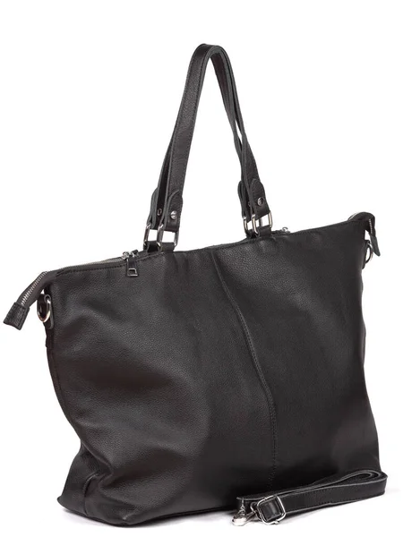 Black Large Strap Leather Woman Handbag Isolated White Background — 图库照片