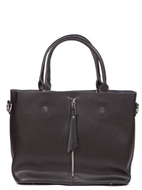 Black large with strap leather woman's handbag isolated on white background.