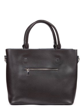 Black large with strap leather woman's handbag isolated on white background.