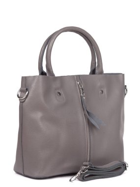 Grey leather woman's handbag with strap isolated on white background.