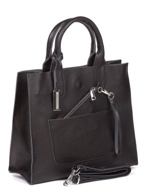 Black large with strap leather woman's handbag isolated on white background.