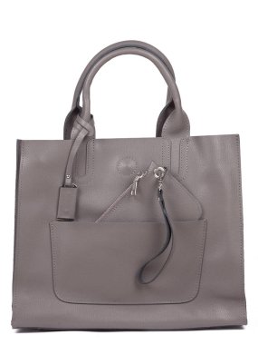 Grey leather woman's handbag with strap isolated on white background.