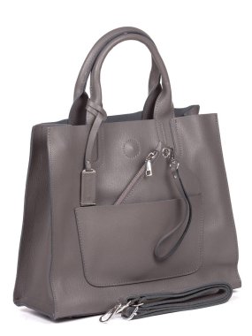 Grey leather woman's handbag with strap isolated on white background.