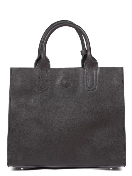 Black large with strap leather woman's handbag isolated on white background.