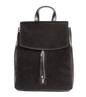 Siyah derili kadının süet sırt çantası beyaz arka planda izole edilmiş..