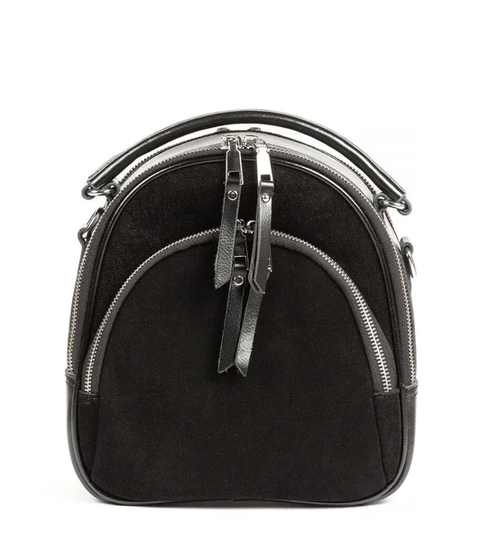 Mochila Camurça Mulher Couro Preto Isolado Fundo Branco — Fotografia de Stock