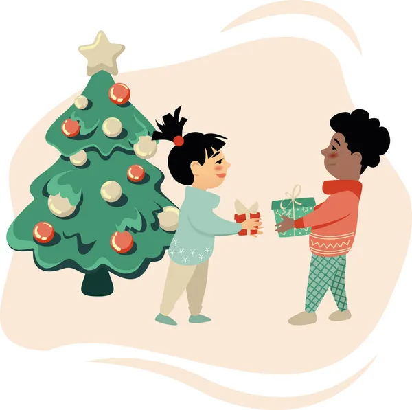 Niño y niña bajo el árbol de Navidad con cajas de regalo — Vector de stock