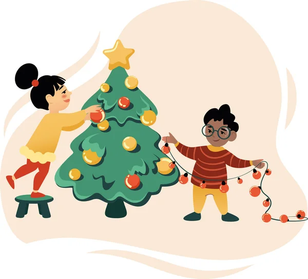 Chica y niño decorar árbol de Navidad juntos — Vector de stock