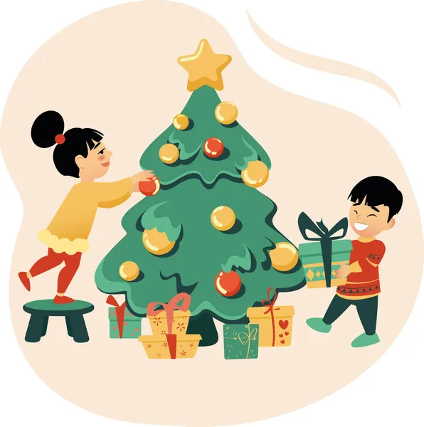 Lány és fiú díszíteni karácsonyfa együtt — Stock Vector