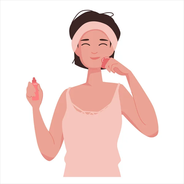Linda chica hace masaje facial con Gua Sha Stone — Vector de stock