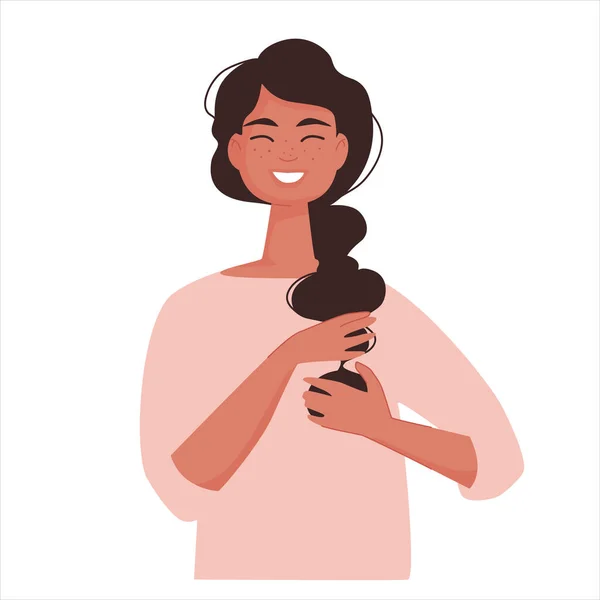 Χαριτωμένο χαρούμενο κορίτσι να χτενίζει μακριά σκούρα μαλλιά — Διανυσματικό Αρχείο