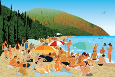 plaj insanları dağlar deniz