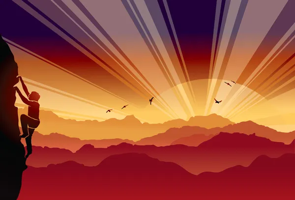 Alpinista turista viaje amanecer puesta de sol — Vector de stock