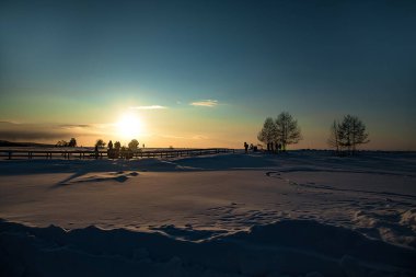 Sibirya 'nın güzel kış manzarası, güneş, buz ve kar ile