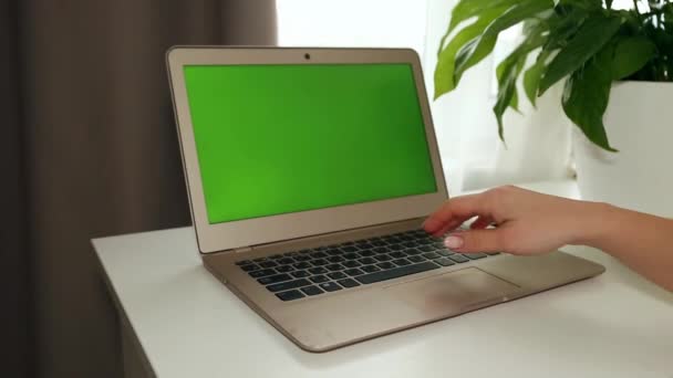 Mãos Femininas Digitando Laptop Com Uma Tela Verde Chromakey — Vídeo de Stock