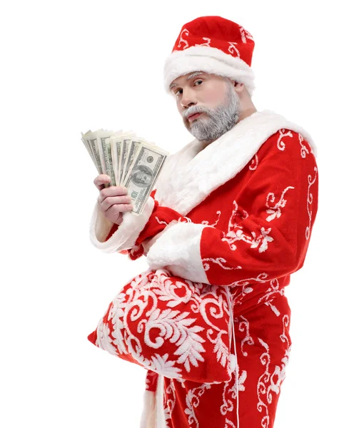 Santa Claus with dollars on a white background — Stock Photo, Image