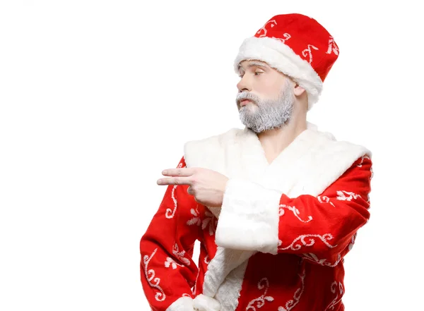 Babbo Natale mostra la mano a sinistra, uno sfondo bianco — Foto Stock