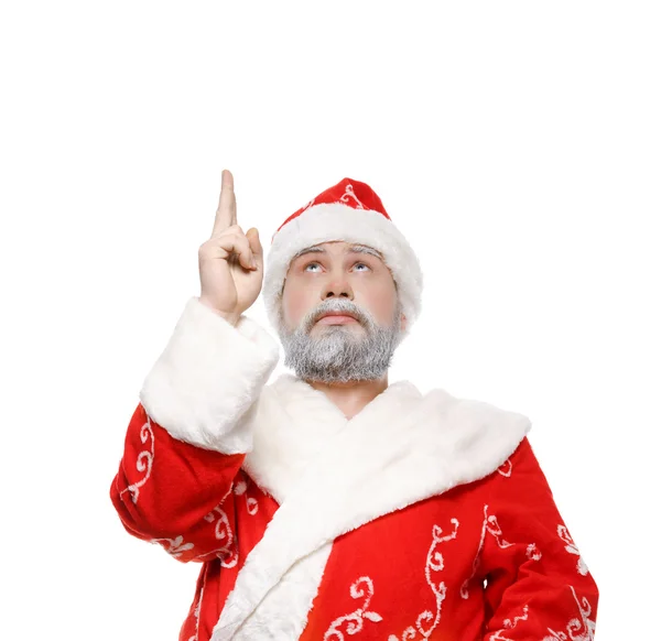 Weihnachtsmann zeigt die Hand nach oben, weißer Hintergrund — Stockfoto