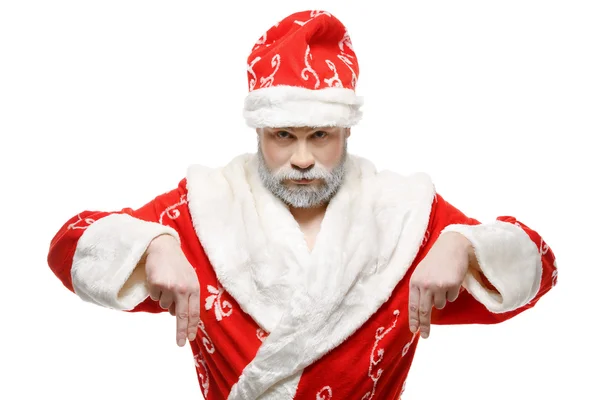 Weihnachtsmann zeigt die Hände nach unten, weißer Hintergrund — Stockfoto