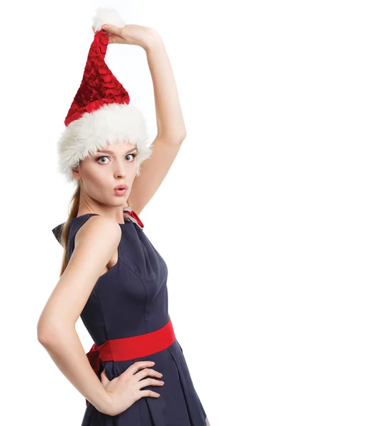 Vacker flicka i santa hatt — Stockfoto