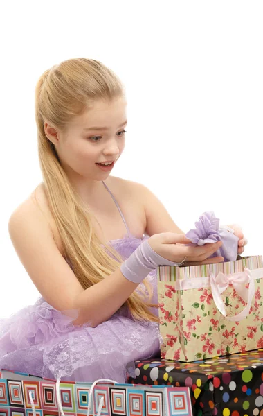 Girl rejoicing gifts — Stock Photo, Image