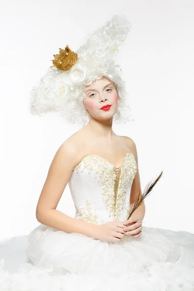 Princess with a golden crown in a white dress — Stock Photo, Image