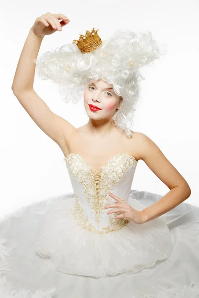 Princess with a golden crown in a white dress — Stock Photo, Image