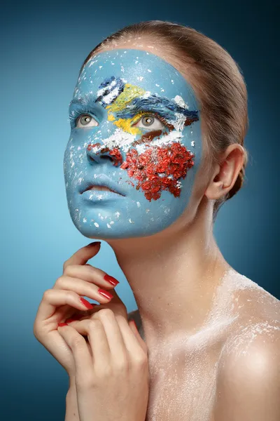 Beautiful fashion model with face art in winter style. Textural — Stock Photo, Image