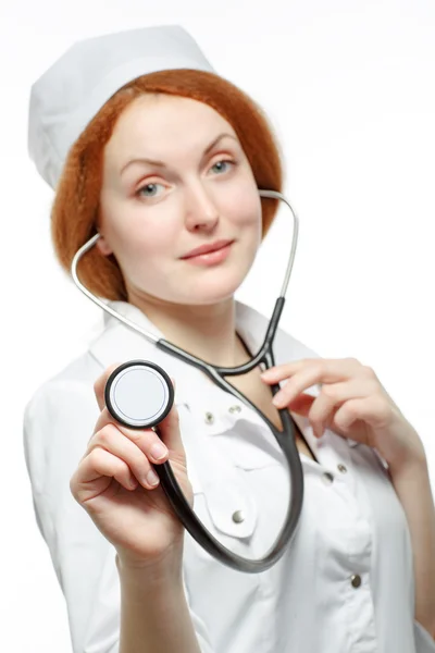 Female doctor with stethoscope, isolated on white — Stock Photo, Image