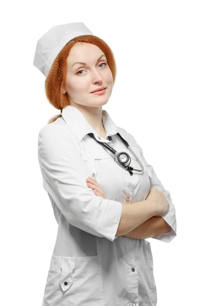 Medical doctor woman with stethoscope. Isolated on white backgro — Stock Photo, Image
