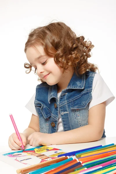 Cheerful little girl with felt-tip pen drawing in kindergarten — Stock Photo, Image