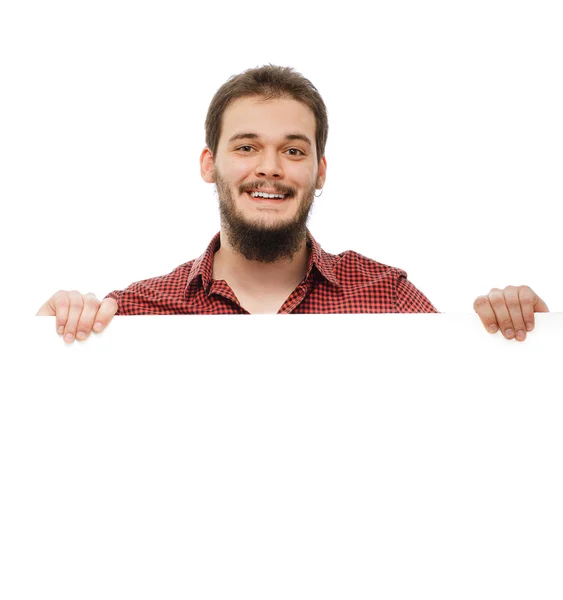 Men with white board. White background. — Stock Photo, Image