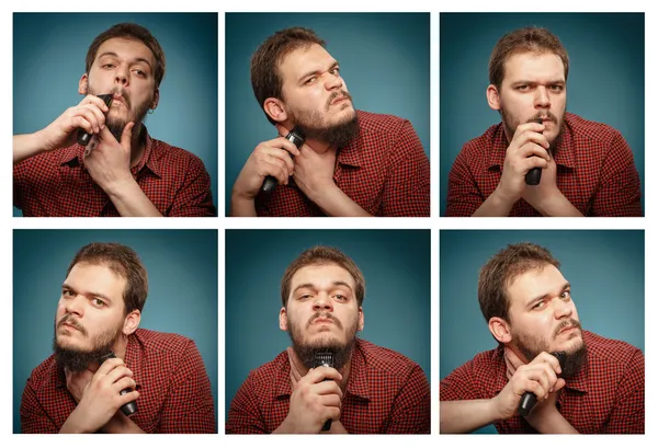 Collage di ritratti: L'uomo che si depila la barba con un trimmer — Foto Stock