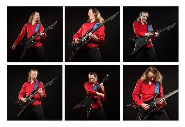 Colagem - um jovem guitarrista com cabelos longos em camisa vermelha, enquanto pl — Fotografia de Stock