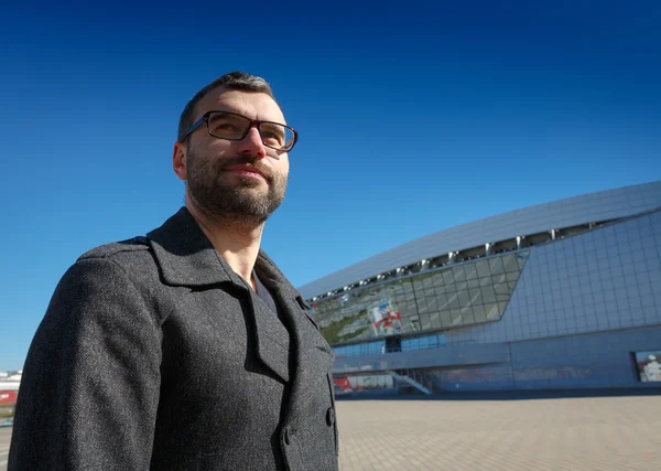 Young man with glasses outdoors portrait with copy space — Stock Photo, Image