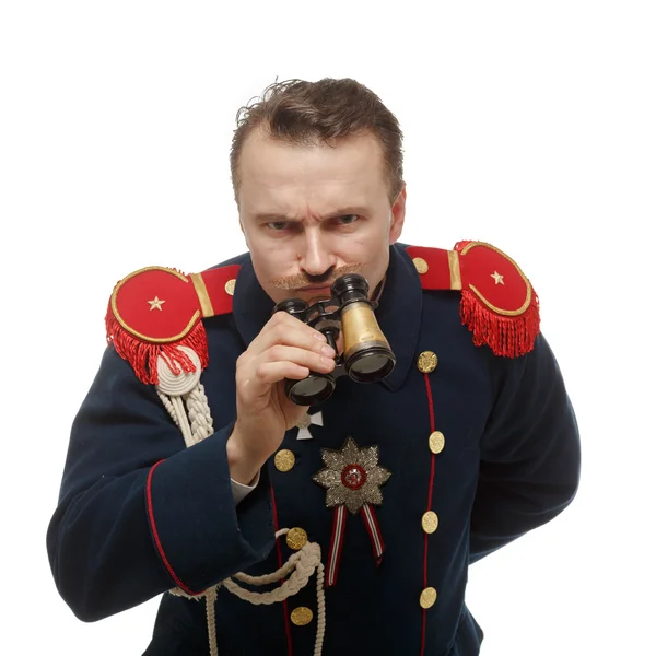 French general with beautiful mustache holding binoculars — Stock Photo, Image