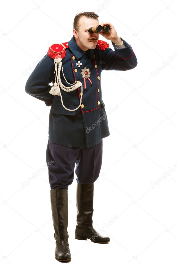 French general with beautiful mustache looking through binocular