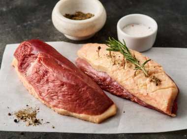 Raw duck breast fillet for cooking on the white paper